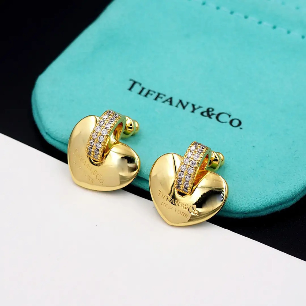 Tiffany & Co. Gold Heart Hoop Diamond Stud Earrings